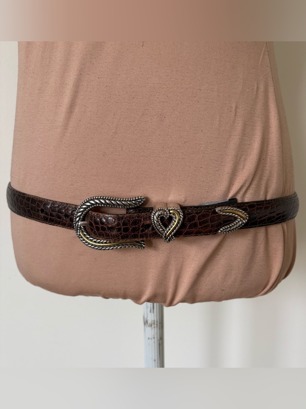 Brighton Vintage Croc Embossed Brown Leather Heart Two Tone Western Belt Sz L/34